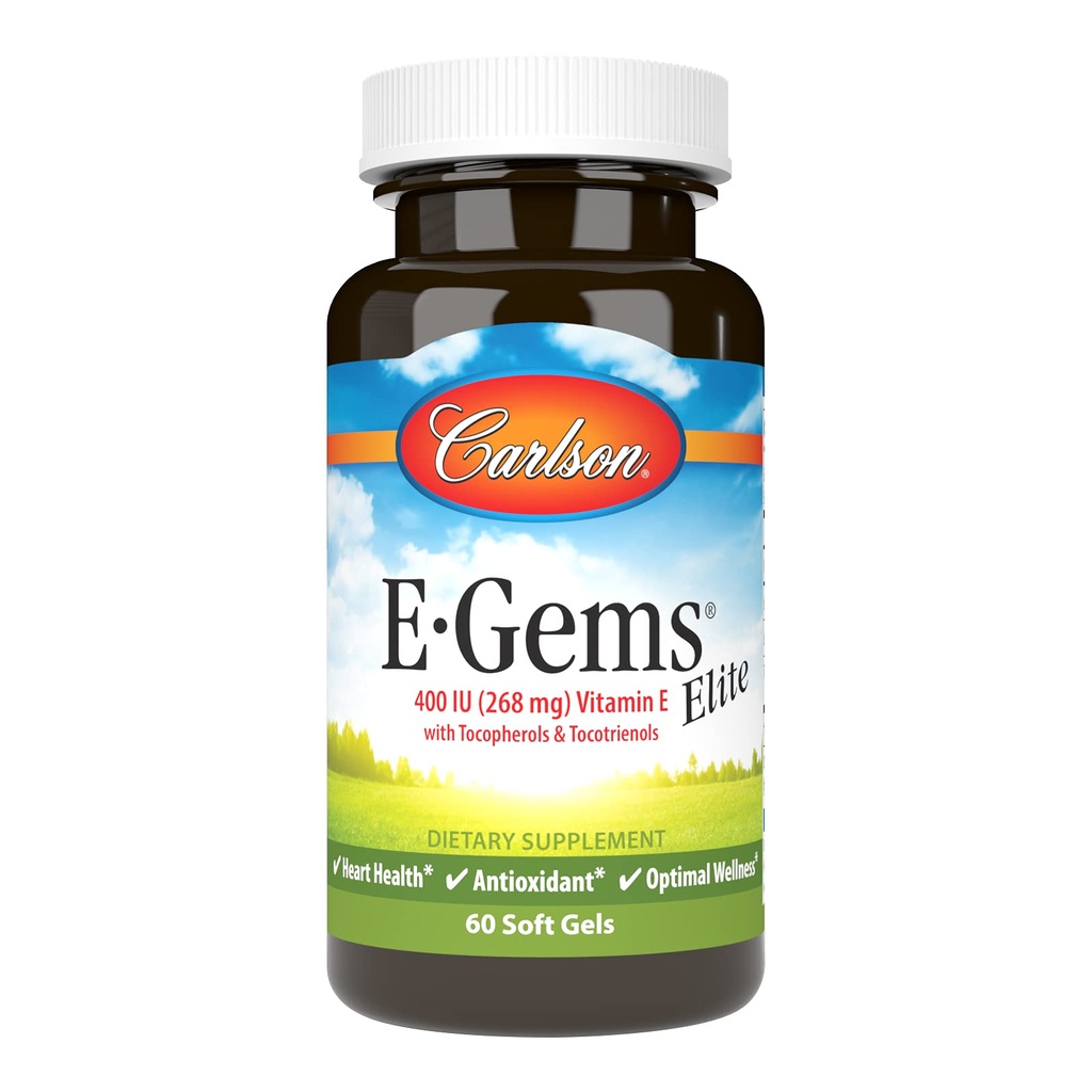 Carlson - E- Gems Elite, 400 IU vitaminu E s tokoferoly a tokotrienoly, Heart Health & Optimal Wellness, Antioxidant, 60 měkkých gelů