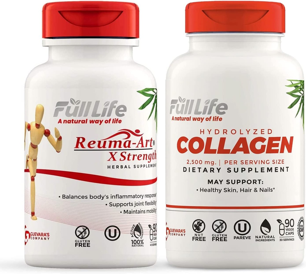 Full Life Reuma- Art X Síla a hydrolyzované kolagen - Společná podpora dodatek - Bovine Collagen pilulky - Kosher, Gluten- Free - 90 Veggie Kapsle Každý