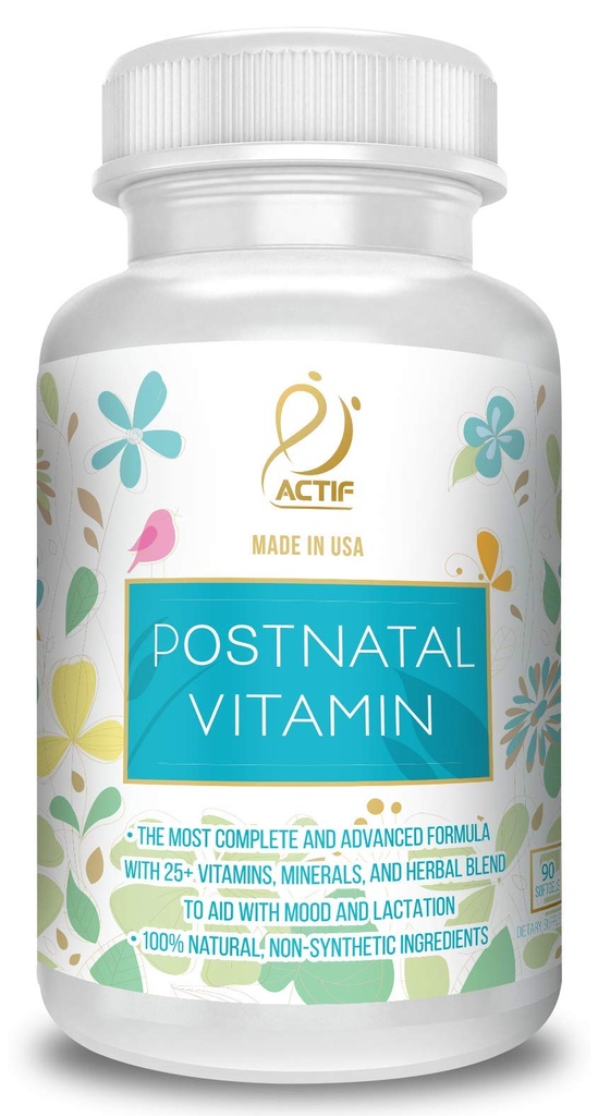 ActiF Postnatální vitamin s 25 + organické vitaminy a organické byliny, Ošetřující a laktační dodatek, Podporuje vývoj mozku dítěte, Non- GMO, Made in USA, 90 Počet