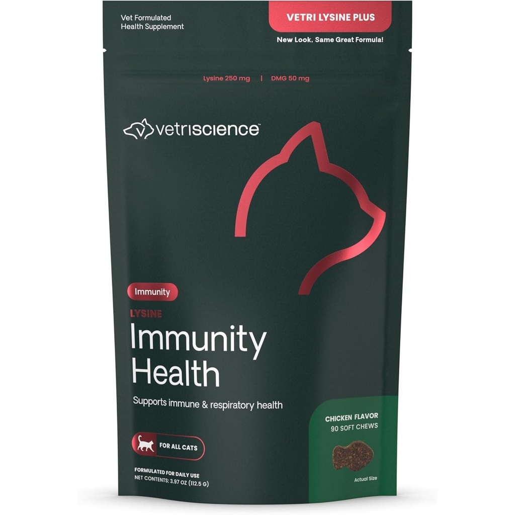 VetriScience Lysine Imunity Health Chews, 250 mg Lysinum Plus Imunitní doplněk pro kočky a koťata s alergie, Nosní a vodnaté oči, kuře, 90 Počet