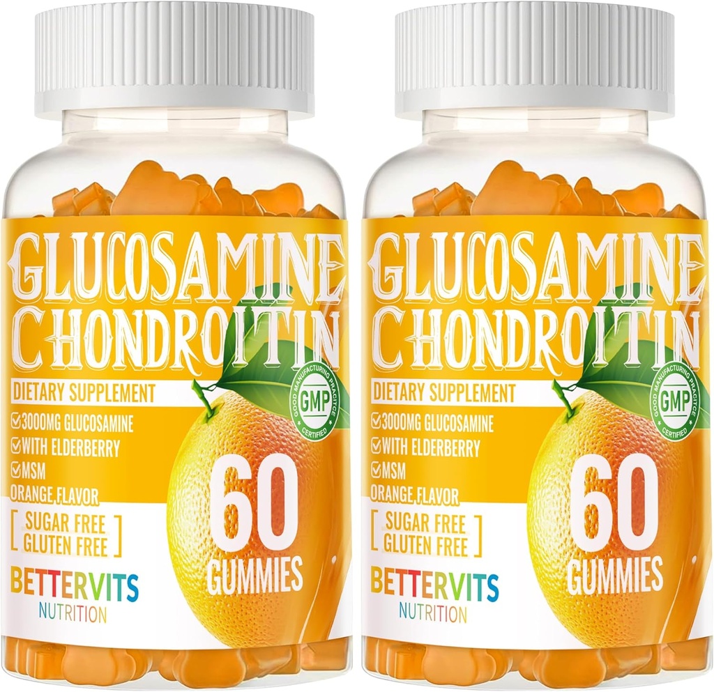 Glucosamine Chondroitin Gummies s MSM & Elderberry Extra Strength - Společná podpora, Antioxidant Imunitní Supplement pro dospělé, Muži & Women120 Orange Gummies