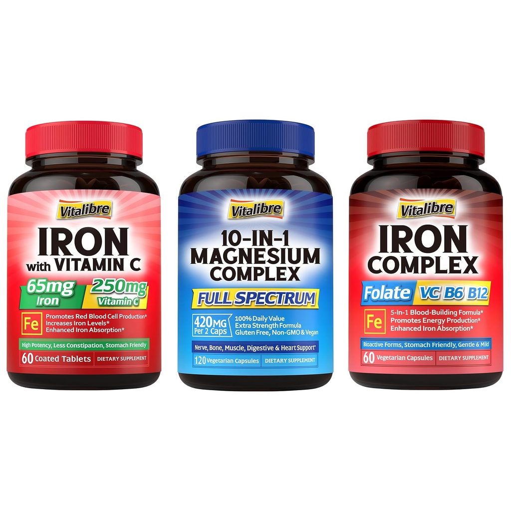 10 v 1 Magnesium- Complex & Iron Supplement, 65mg Carbonyl Železo s 250mg vitaminu C & 5 v 1 Komplex železa