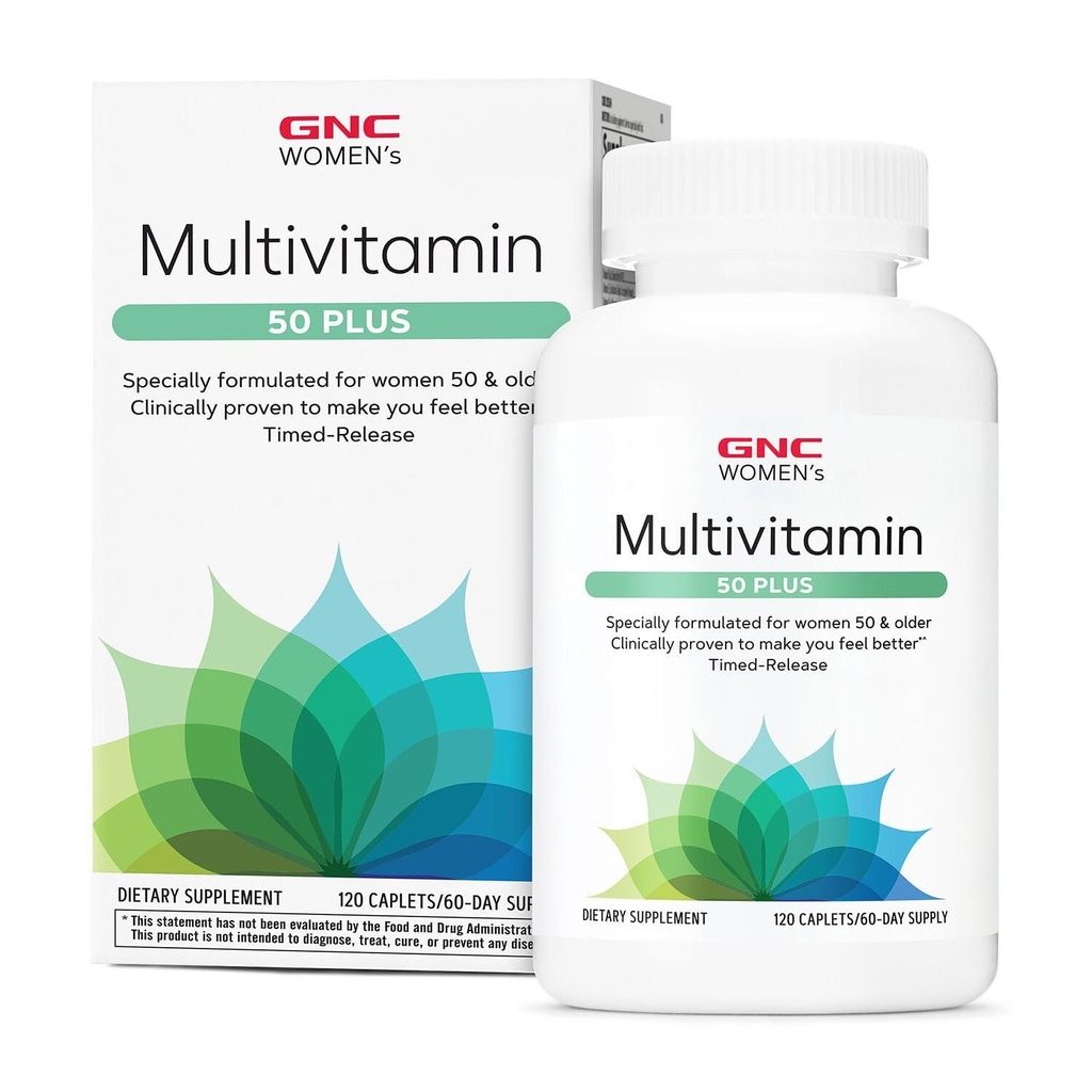 GNC Ženské 50 Plus Multivitaminové kapsle, Klinicky osvědčené, Cítit lépe, Vitamin D- 3, Imunitní, Silné kosti, Paměť, Duševní ostrost, Vize, Biotin, Časované uvolnění, 120 ct, 60 svgs