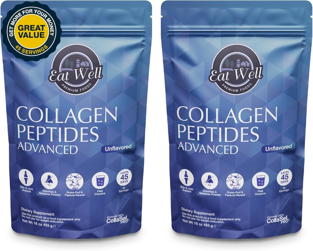 EAT Well PREMIUM FOODS Kolagen Peptides Powder Protein 45 Servings, 16oz, Kolagen pro kůži, kosti a společné podpory, Typ I & III Tráva Fed Collagen (45 Služeb (Balení 2), Neochucené)