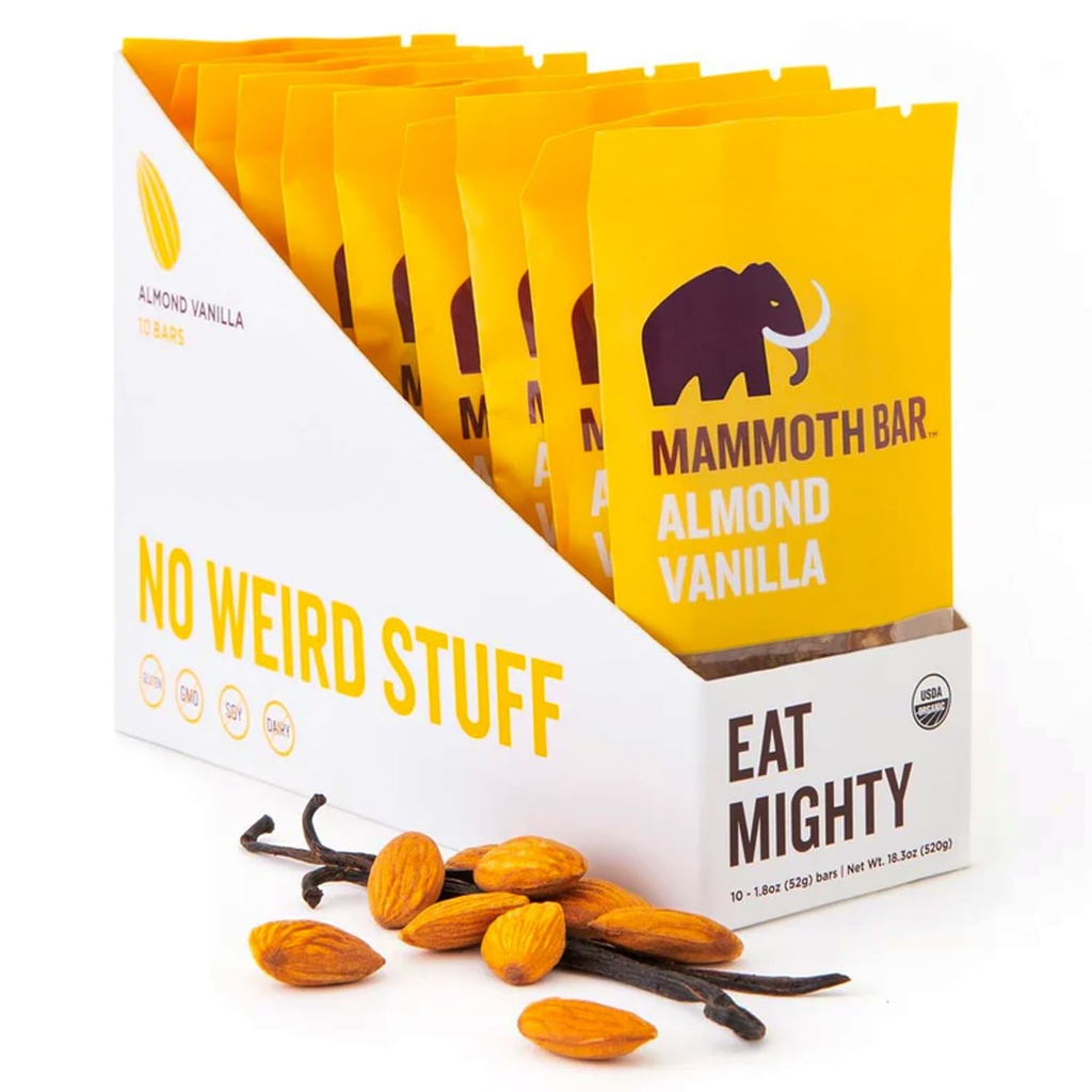 Mamut Bar Almond Vanilla Bar - 10 Organic Protein Bars - Prebiotic • Paleo • Gluten zdarma • Egg Protein • GMO zdarma • Syrové • Premium Ořechy