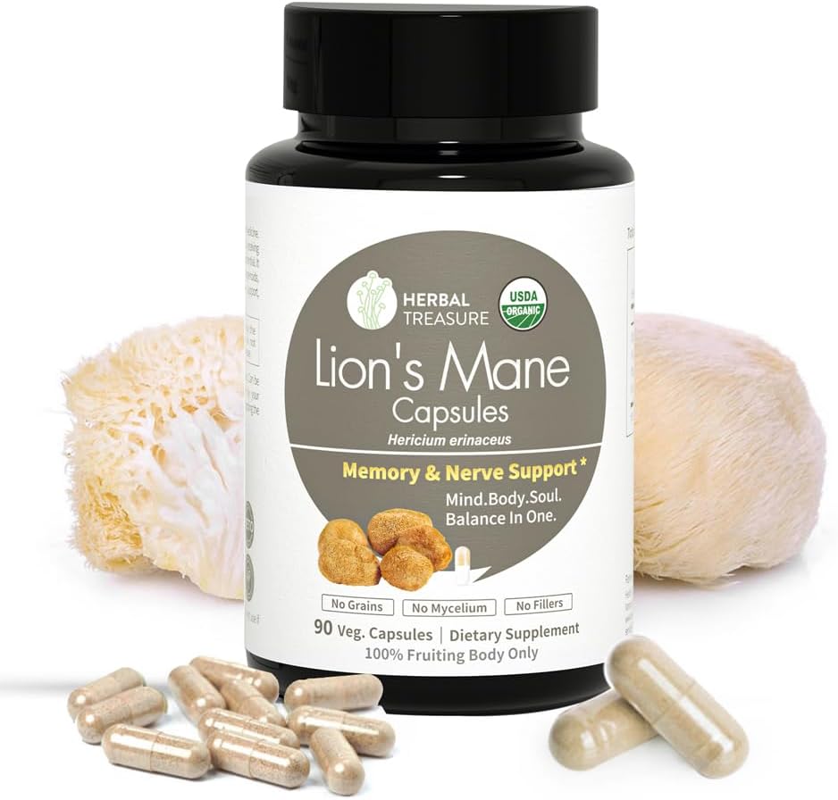 Bylinné poklady Lions Mane Doplněk Kapsle, Vyrobeno s organickými lvy Mane Powder for Mental Clarity and Focus Supplementations, 800mg Lions Mane Powder Organic Organic Houbový dodatek 90 Caps