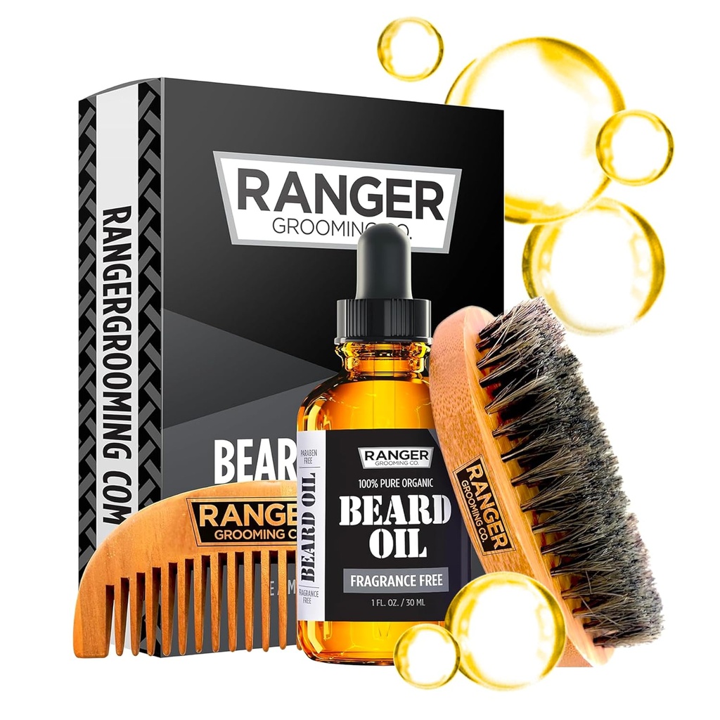 Beard Kit Ranger Grooming Company by Leven Rose, 100% organická přírodní vůně zdarma nevoňavý vonný olej, Boar Bristle Beard Brush, Natural Wood Comb Beard Care Starter Set pro muže