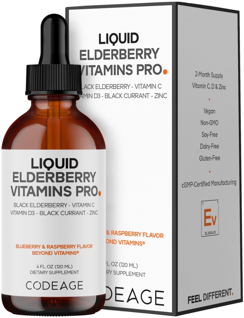 Codeage Elderberry Vitamíny Pro - Organic Black Elderberry Liquid Drops - Vitamin C, D3, Zinek, Černý Currant - 2-Month Supply - Black Sambucus Liquid - Dodatek pro dospělé a děti - 4 fl oz