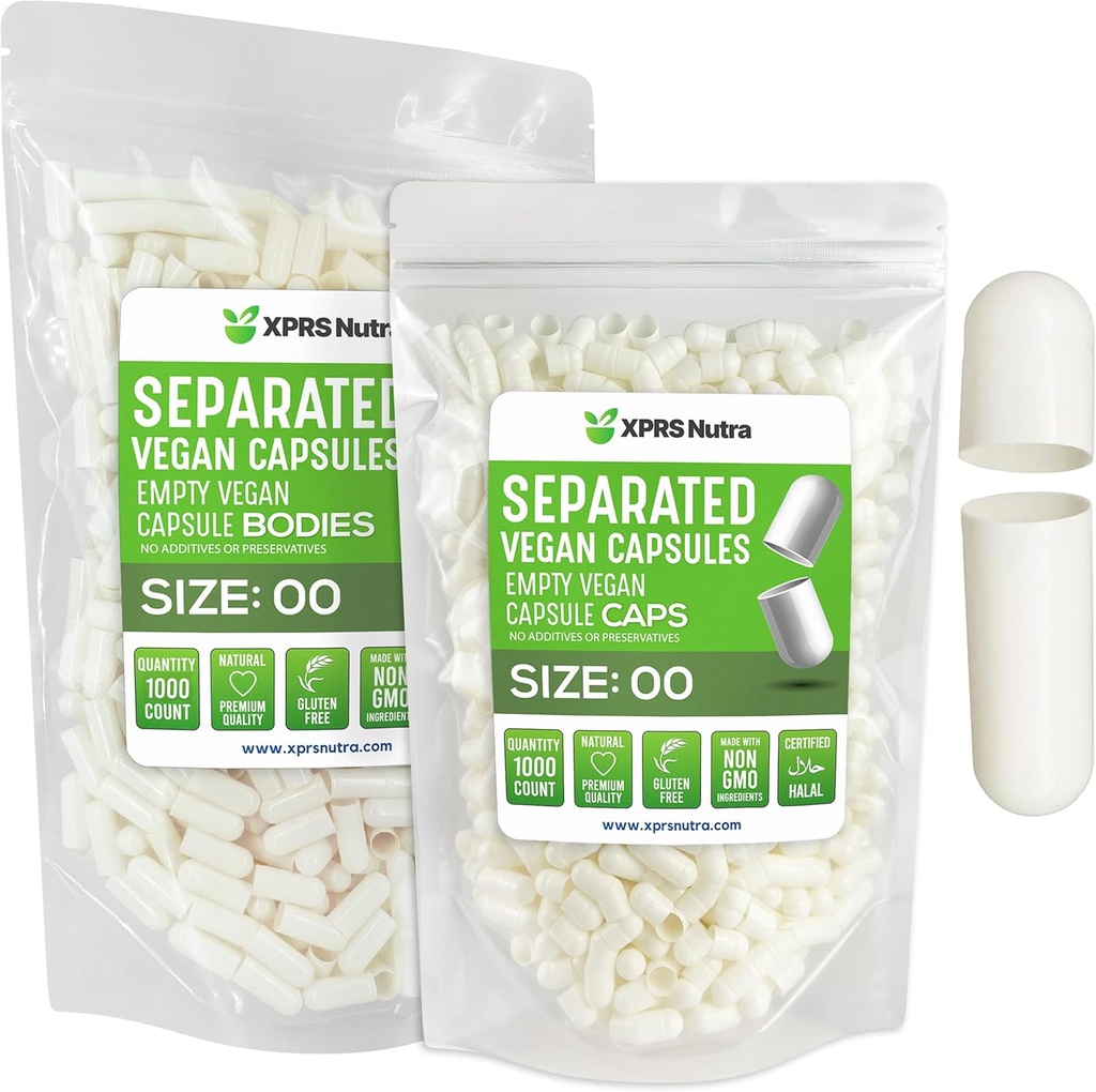 XPRS Nutra Vegan Velikost 00 Oddělené kapsle - 1000 Hrabě Premium Prázdné kapsle Oddělené v sáčcích - 00 Pilulky Prázdné pro DIY Dodatek Plnění (bílá)