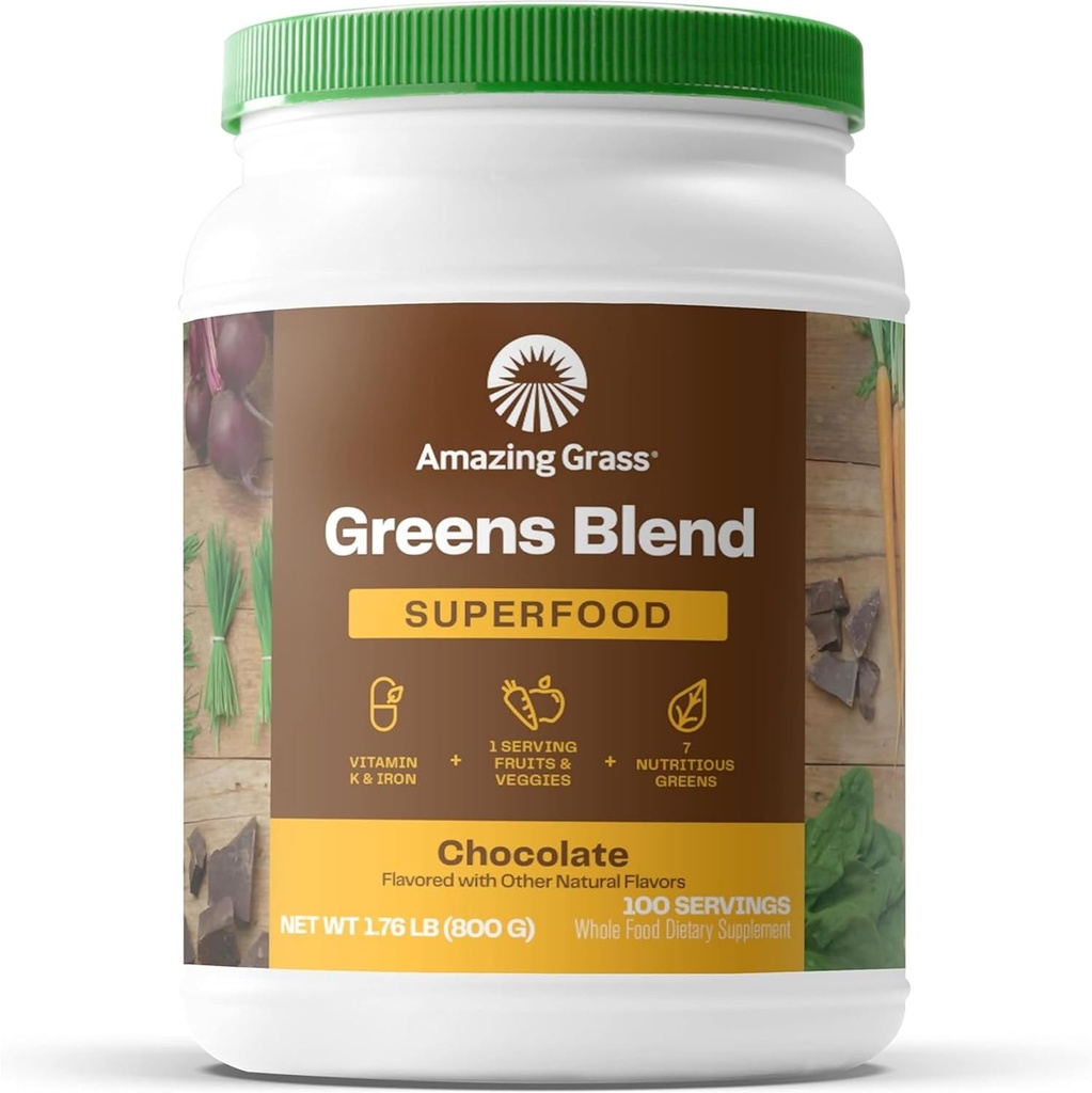 Amazing Grass Greens Superfood Powder: Green Powder with Digestive Enzymes & Probiotics, Organic Spirulina, Chlorella, and Beet Root Powder, Chocolate, 100 Servings