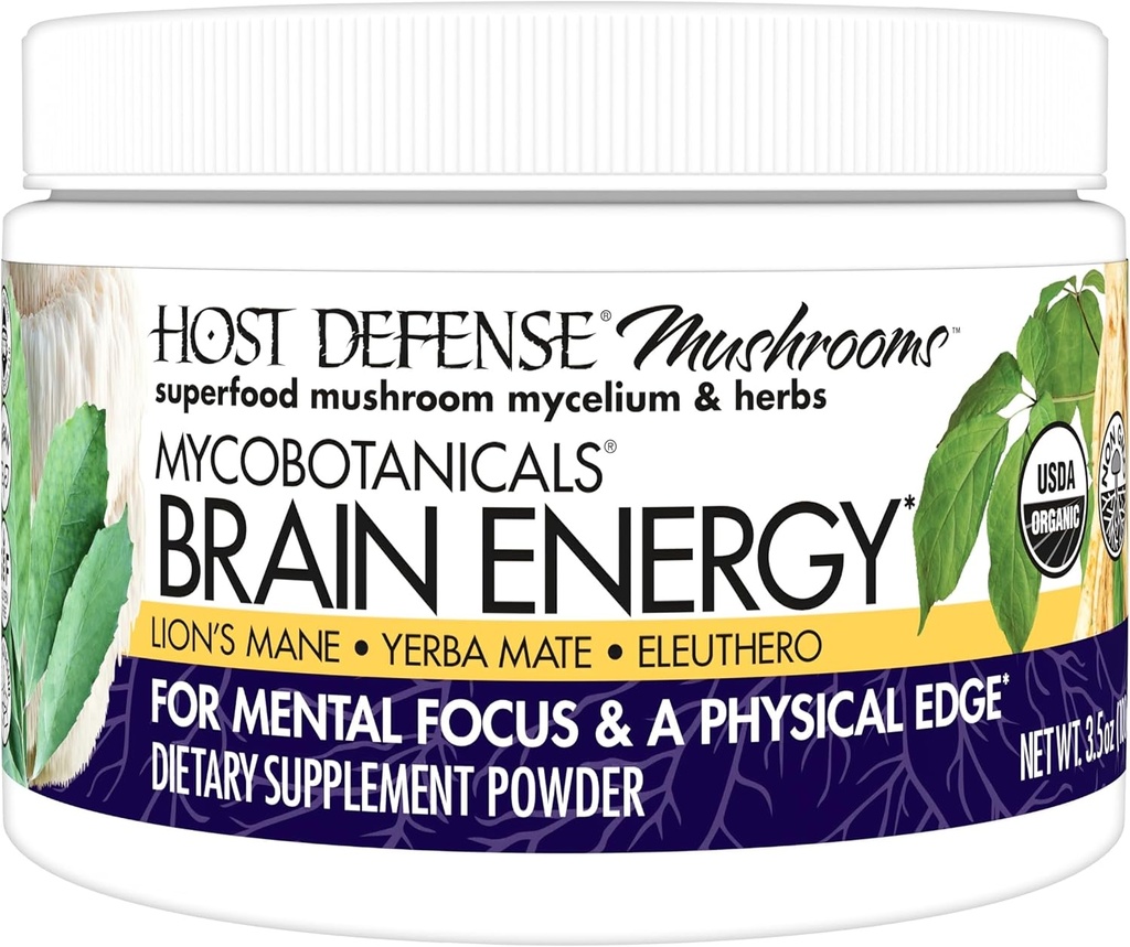 Hostitelská obrana MycoBotanicals Brain Energy * Powder - Brain & Focus Support Supplement with Lion 's Mane Houshum - Dietní dodatek s Yerba Mate for Energy Support - 3.5 oz (33 Servings) *