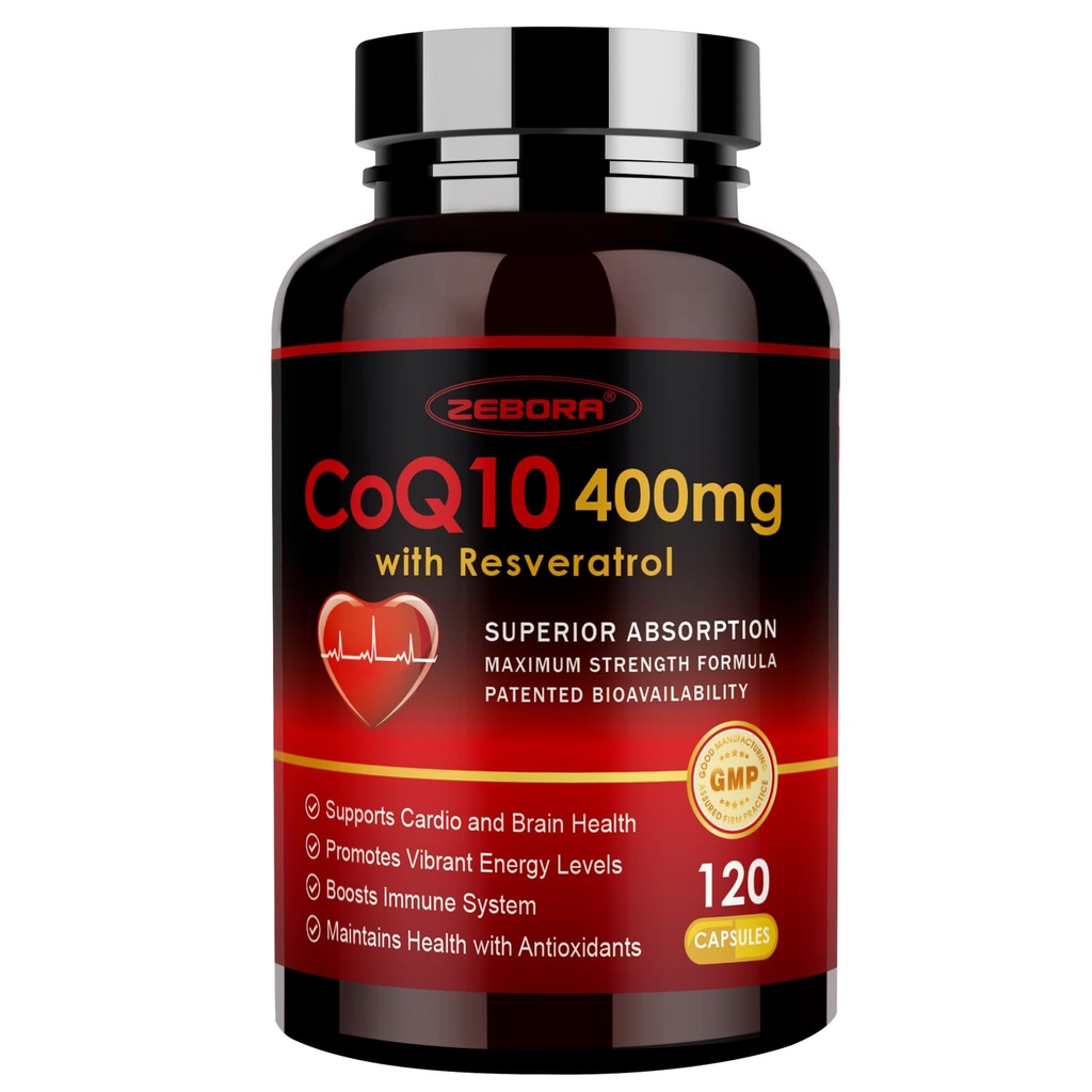 ZEBORA CoQ10-400mg s trans- resveratrolem, PQQ & vitaminem E - vysoce absorpční Coenzyme- Q10 s BioPerine - Výkonný antioxidant pro srdeční a energetickou výrobu, 120 Veggie Kapsle