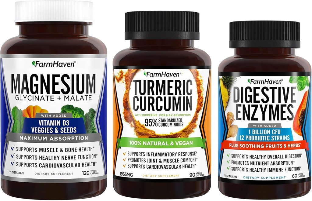 FarmHaven Magnesium Glycinát & Malate Complex w / Vitamin D3 & Kurkumin s BioPerine Black Pepper & Digestive Enzymy s 18 Probiotika & Byliny