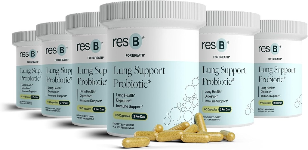 resbiotický reSB Lung Support Probiotický dodatek - Lung Zdravotní dodatek pro kuřáky, Gut zdraví, Imunitní podpora, Respirační péče, svatý bazalka, kurkuma, Klinicky hodnocené - 360 Kapsle (6 lahví)