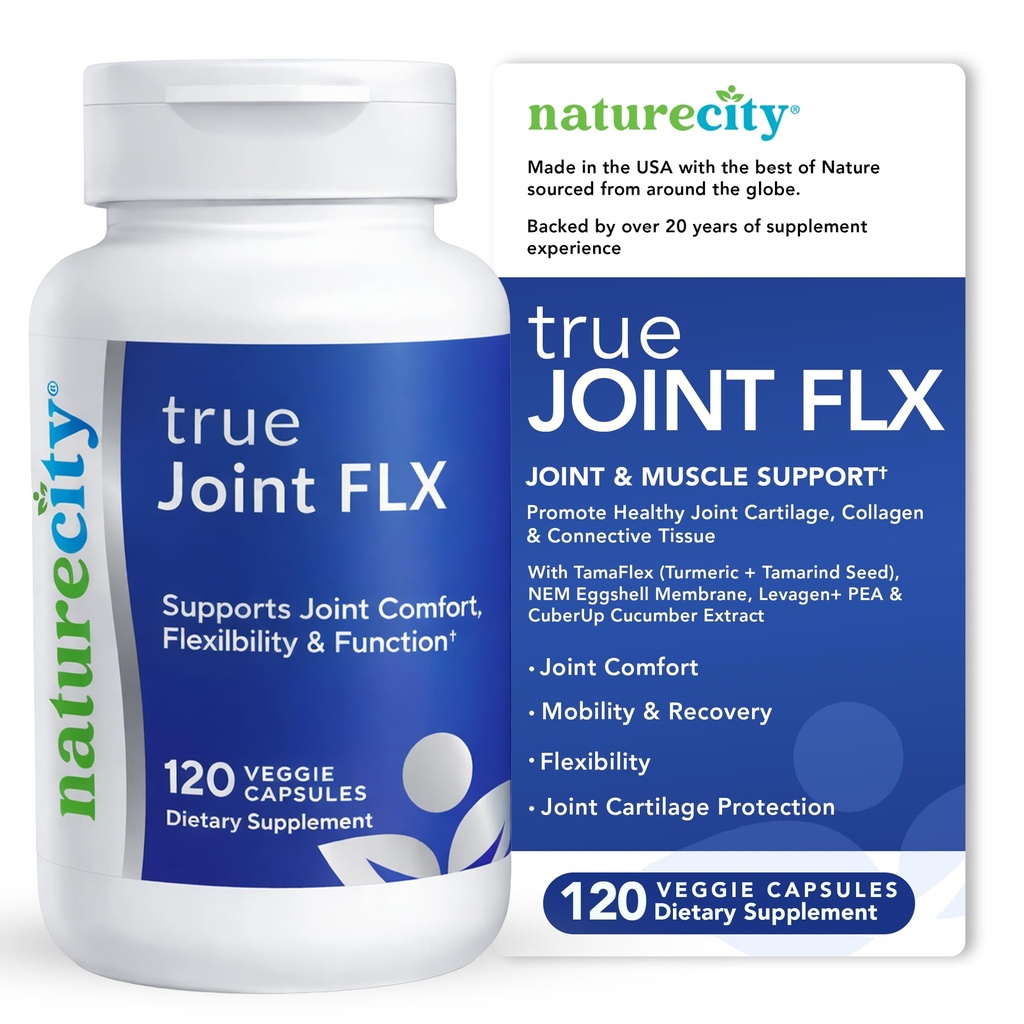 NatureCity True- Joint FLX Joint Supplement Formule (120 Kapsle) 124; TamaFlex, NEM Eggshell Membrane, Levagen + PEA & CuberUp PHAR124; Podporuje Joint Comfort, Flexibility, Mobility, Function & Cartilage Health