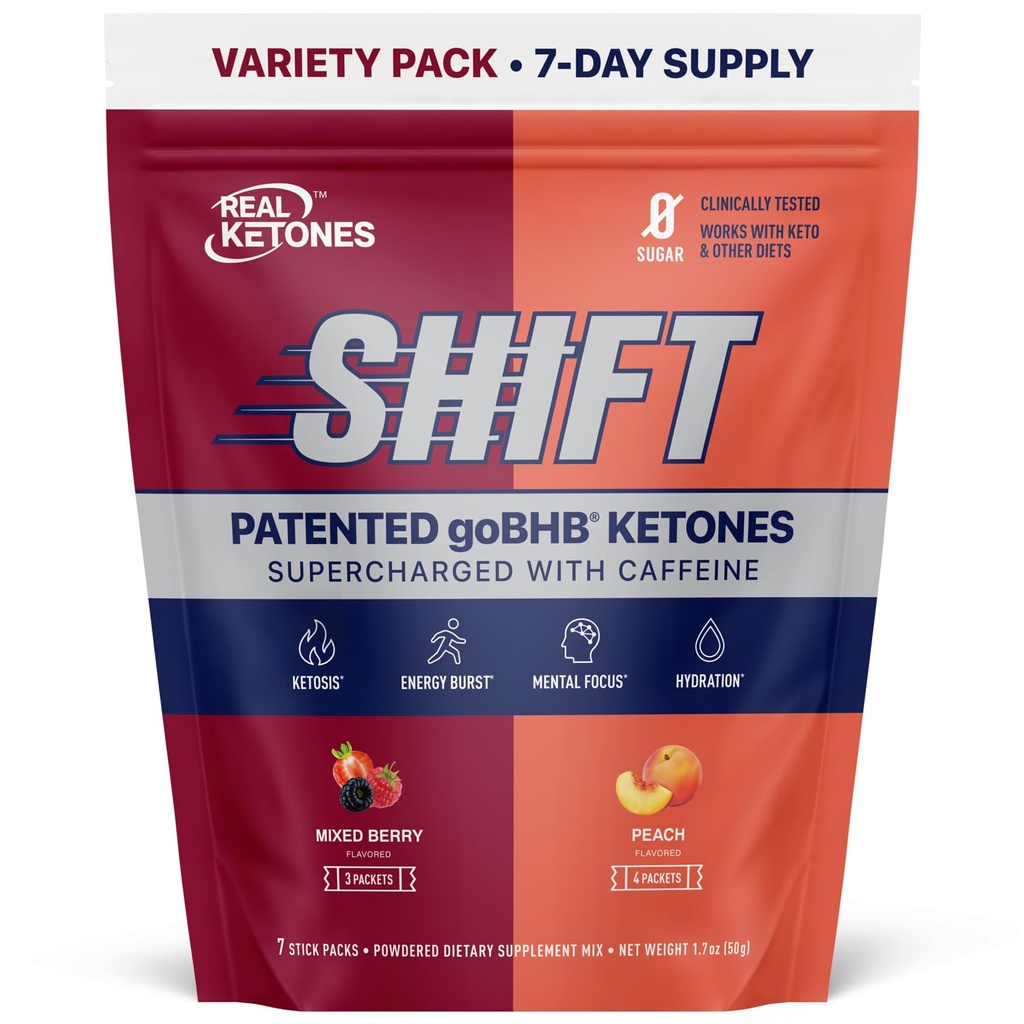 Real Ketones BHB Exogenous Ketones Drink Mix Packets Keto Electrolytes Powder Packets No Sugar with 4 Main Fasting Electrolytes Plus Hydrating Patented Keto BHB - 7 Count Peach, Smíšené Berry
