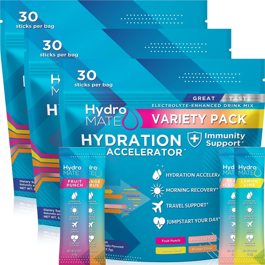 HydroMATE Electrolyte Powder Variety Pack Bulk Hydratační balíčky Nízký cukr 90 Počet