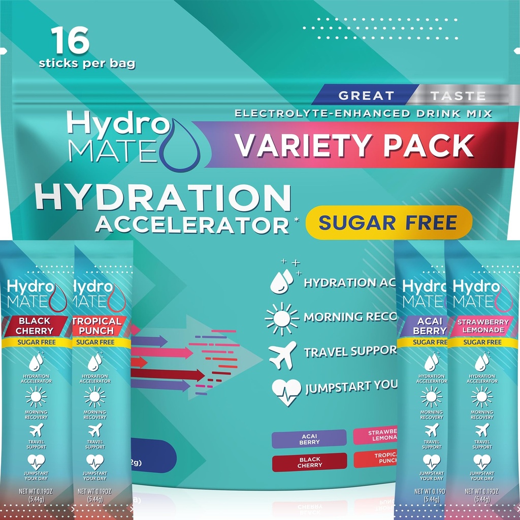 Electrolyte Powder Sugar- Free Hydration Packets Variety Pack HydroMATE 16 Sticks