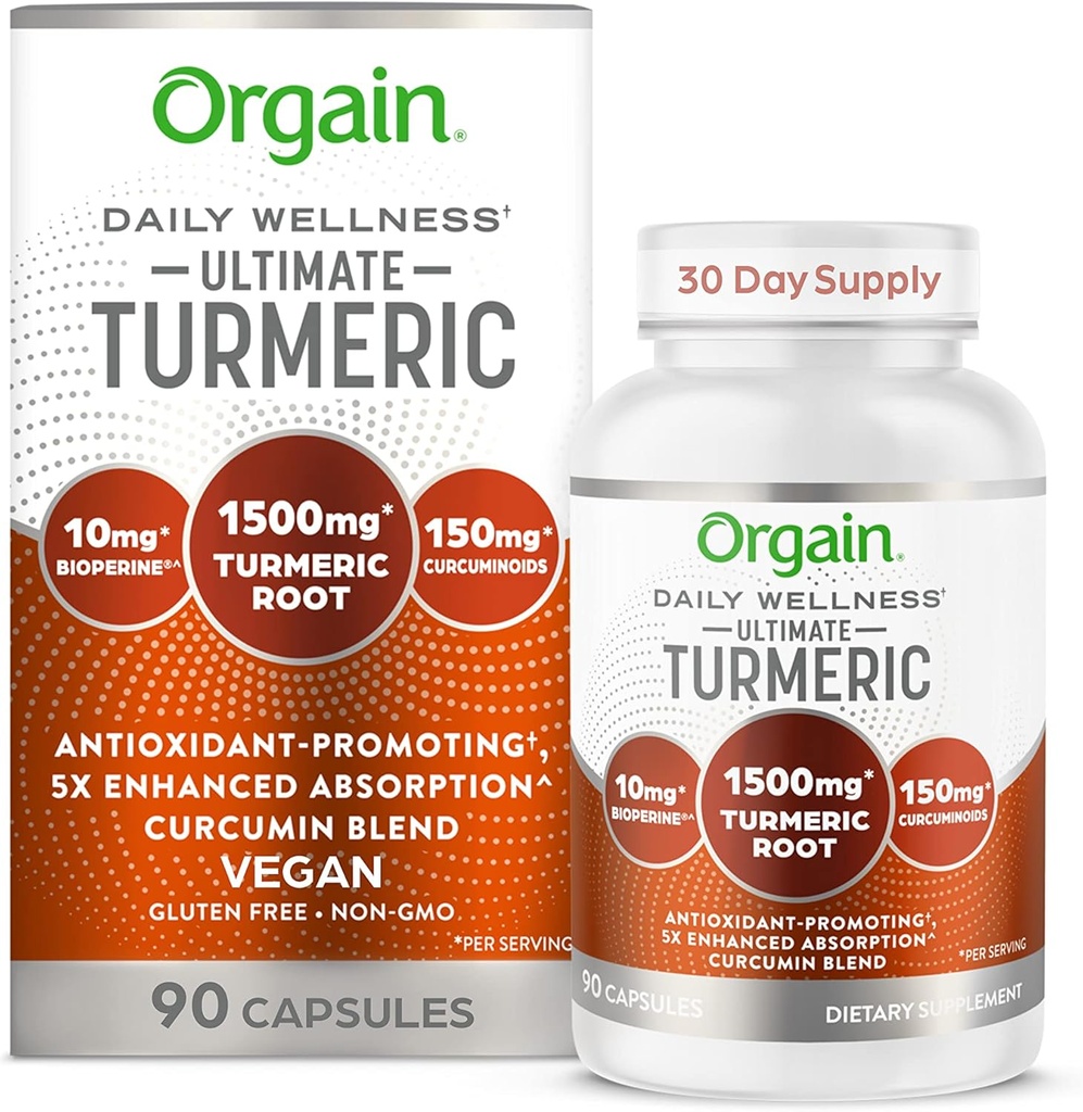 Orgain Ultimate Turmeric Supplement 1500mg, Curcumin a Bioperin Black Pepper Extract Bylinné míchání, Podporuje antioxidační a srdeční zdraví - 90 Kapsle, 1 měsíc Dodávka