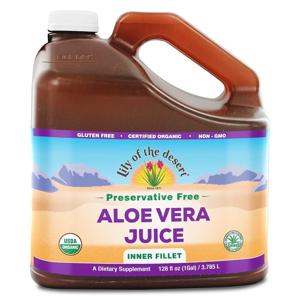 Lily of the Desert Aloe Vera Juice - Organic, Preservative- Free Inner Fillet Aloe Vera Drink with Natural Digestive Enzymes for Gut Health, Žaludek Relief, Wellness, Glowing Skin, 128 Fl Oz