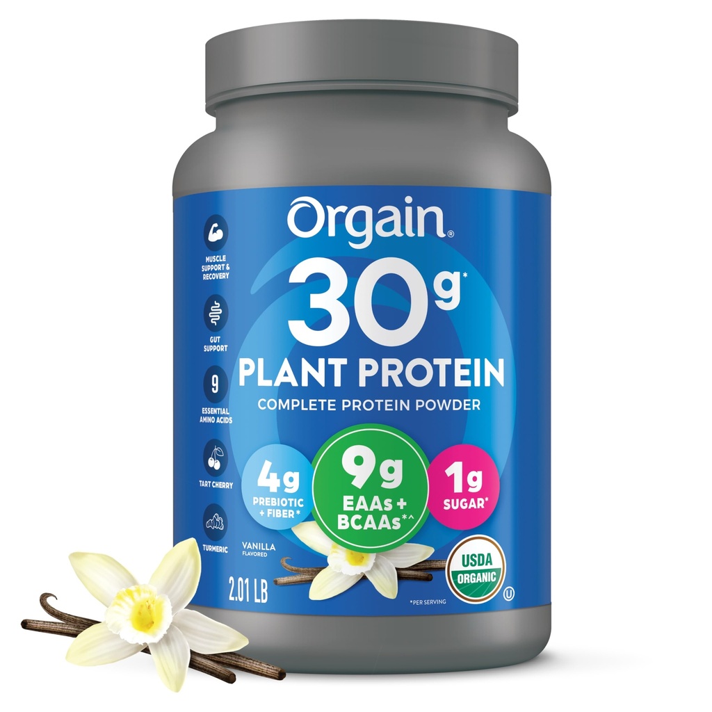Orgain Organic 30g Vegan Plant Protein Powder, Vanilla, 9g EAA + BCAA, High Plant Protein, 4g Prebiotic + Fiber, 1g Sugar, Pre- Workout, Muscle Support + Recovery - 2.01lb (Balení květen Vary)
