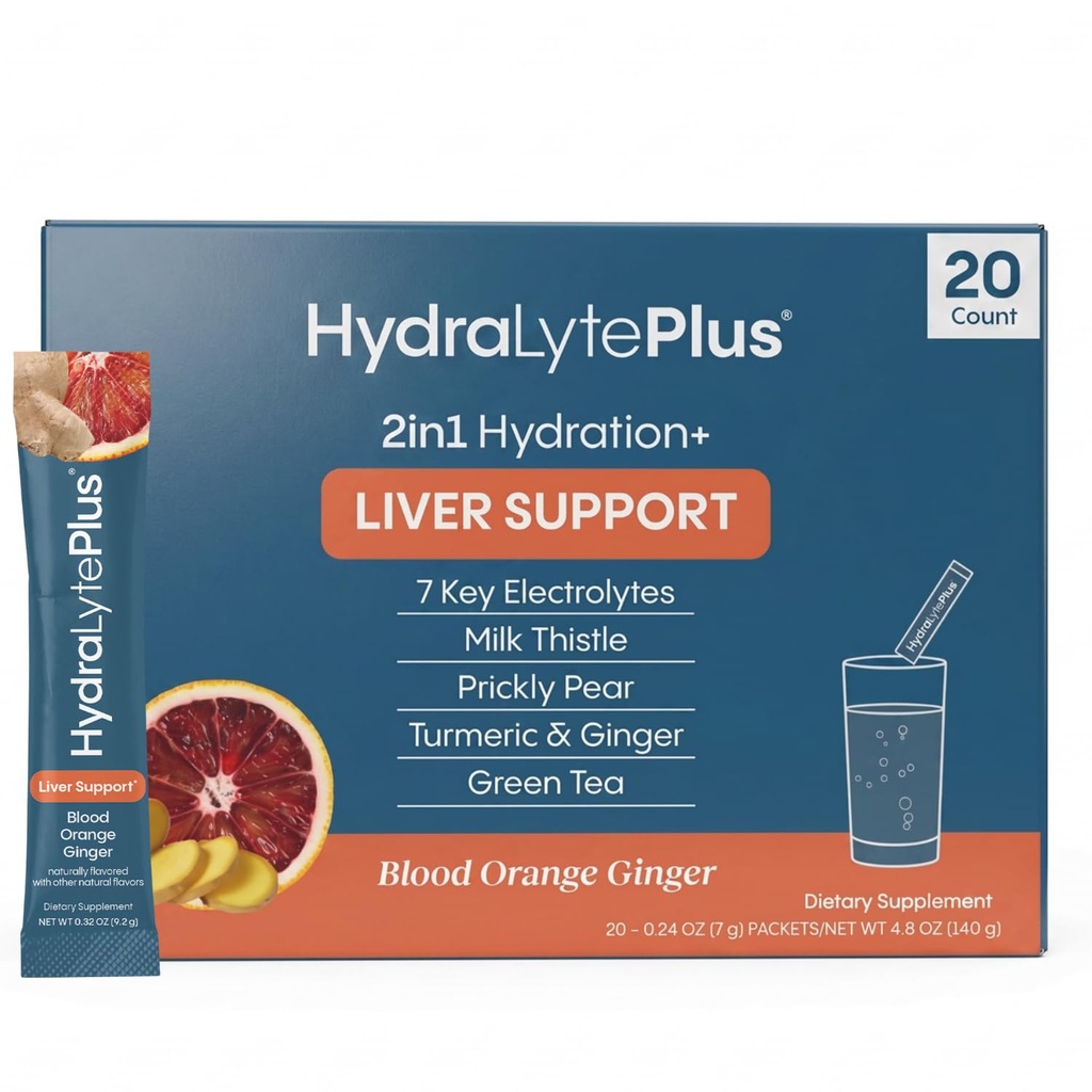 Hydralytová jaterní podpora + Electrolyte Mix s mléčným bodlákem, kurkuma, zázvor, pikantní hruška, extrakt z zeleného čaje připravený pro rychlou rehydrataci (krvavý pomerančový zázvor, 20 Packets)