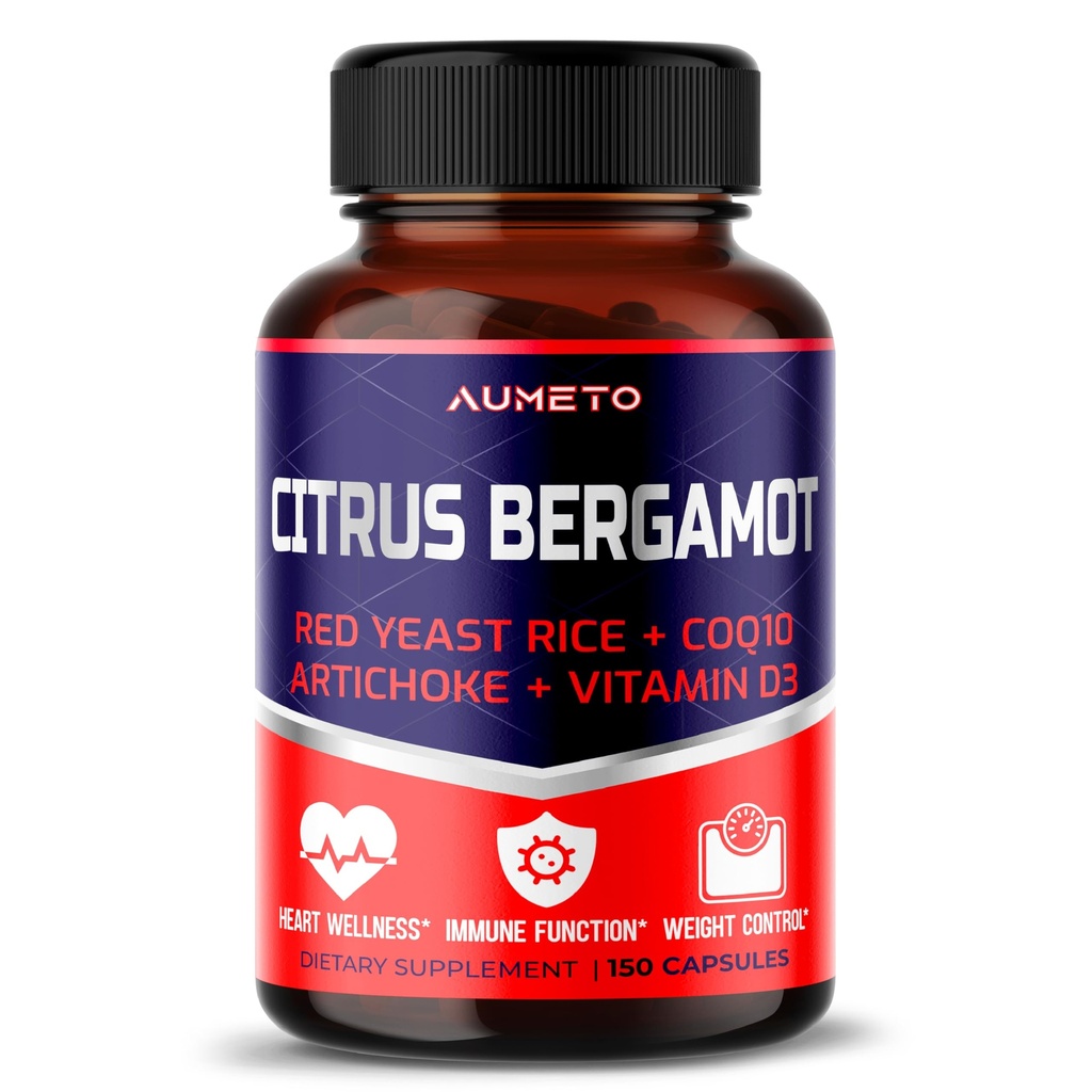 Citrus Bergamot dodatek s červenou kvasinkovou rýží, CoQ10, Artyčok, Vitamin D3 - Podpora celkové cirkulace Wellness a imunitní systém (150 Počet (balení po 1))