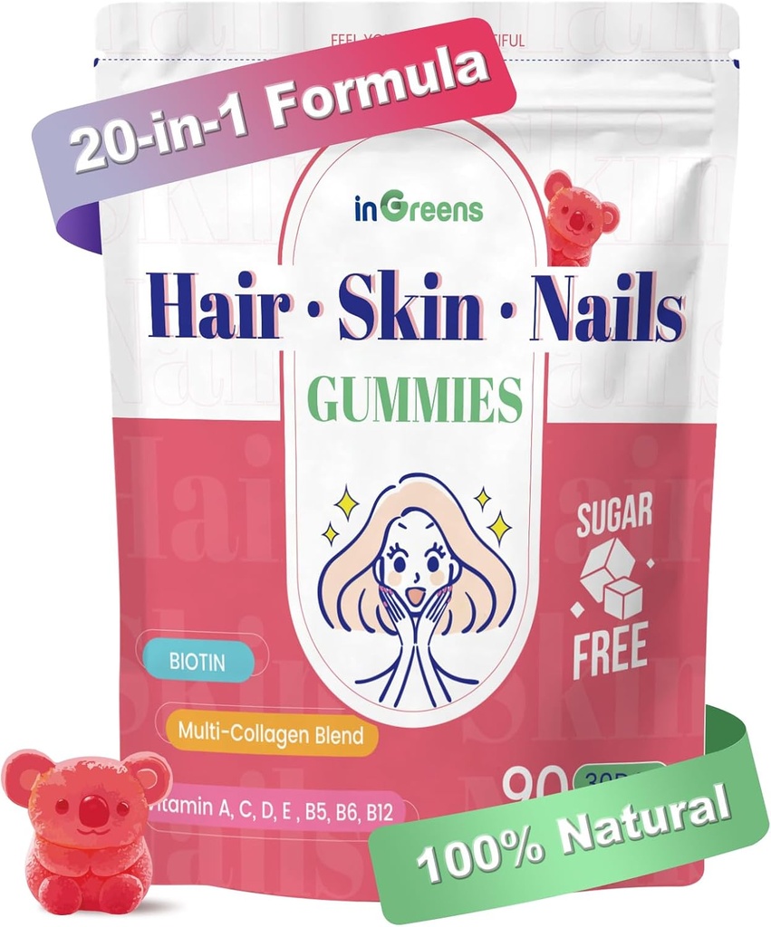 20- in-1 Vlasy Kůže a nehty Gummies, Vlas Biotin Vitamíny pro ženy a muže s 10000 mcg Biotin, Vitamíny A, C, D, E pro růst vlasů a zdravé pokožky, White Peach Flavor, 90 Gummies