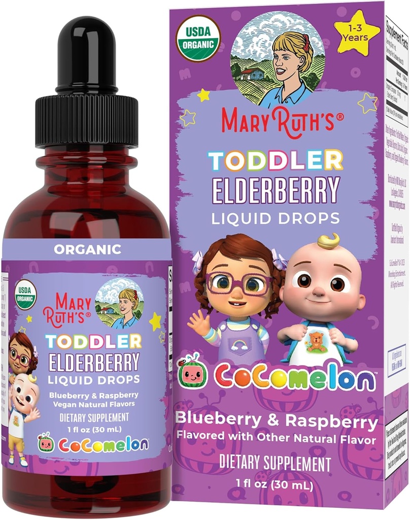 MaryRuth Organics Cocomelon Toddler Elderberry Syrup, USDA Organic Elderberry, Supplement imunní podpory pro děti bez cukru ve věku 1-3 roky, Clean Label Project Ověřený ®, Vegan, Gluten Free, 1 Fl Oz