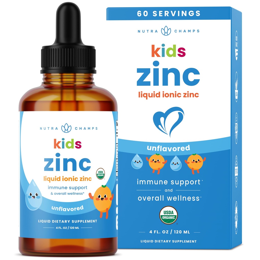 NutraChamps Liquid Zinc Drops pro děti, iontový zinek Drops Enhanced s vitamínem C pro děti, Sugar- Free 4 oz, Vegan & Non- GMO, Tangerine, 60 Servings, 2 Měsíční dodávky