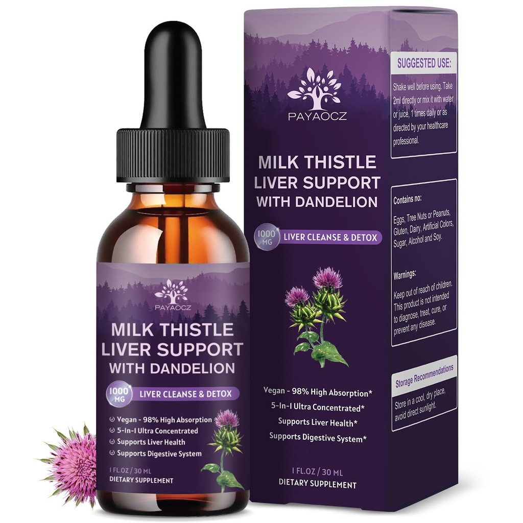 (4 Pack) Mléko Thistle Liquid Drops Silymarin 1000mg, Játra dodatek Detox & Cleanse s Dandelion & Artichock, Mléko Thistle Organic Extract pro podporu opravy zdraví jater, Vegan, Non- GMO, 1 Fl Oz
