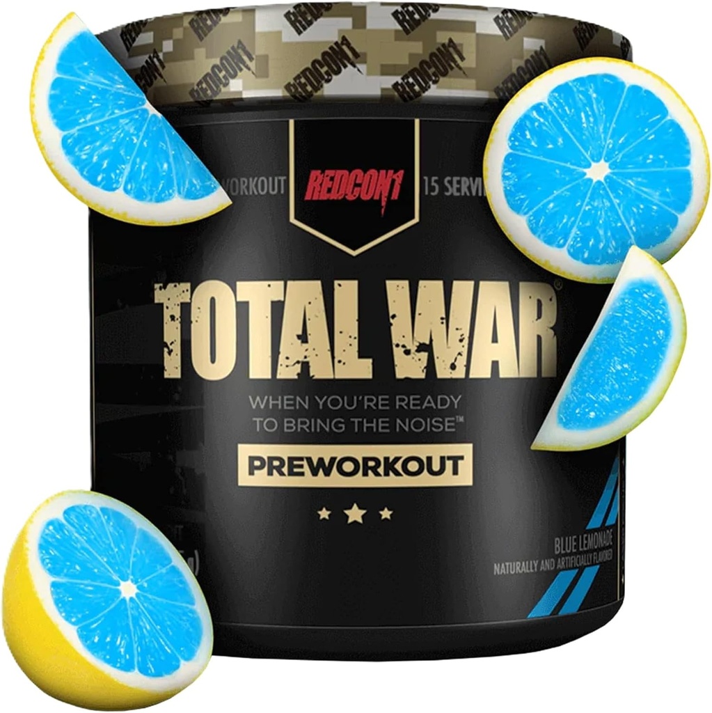 REDCON1 Total War Pre Workout, Blue Lemonade - Vytrvalost, ostražitost, Pump Booting Citrulline Malate & Beta Alanin - Rychlé hraní, Caffeinované Prework pro muže a ženy (15 Služeb)