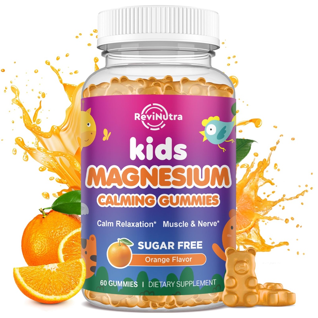 Klidný hořčík gumy pro děti - Magnesium Glycinát doplněk pro spánek, mozek, imunitní a kostní zdraví - Velký Ochutnávání hořčík gumy pro děti a dospělé - Vegan cukr zdarma Orange 60ct