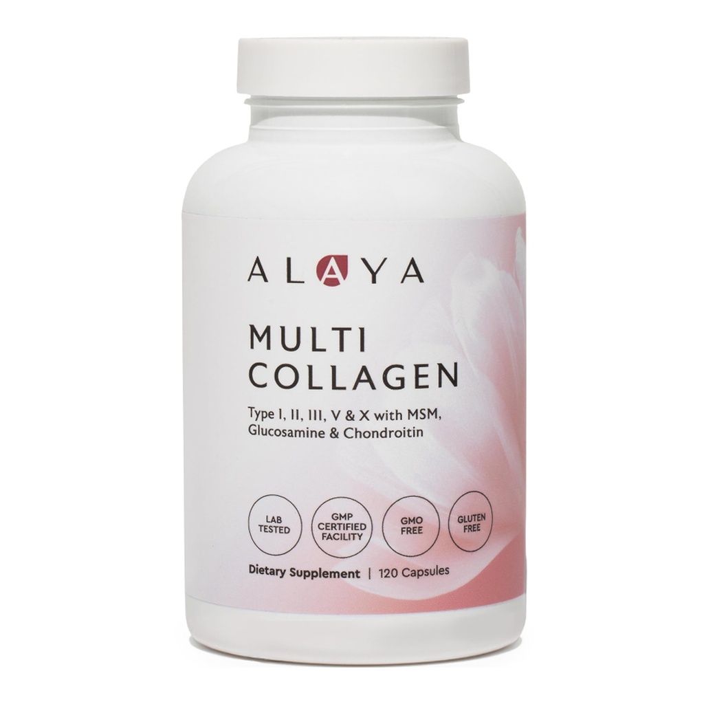 Alaya Naturals Hydrolyzed Multi Collagen Peptides Protein Kapsle - Typ I, II, III, V, X Grass- Fed Bovine, Chicken, Marine Collagen Dodatek s MSM + GC (Kapsle - 120 Počet)