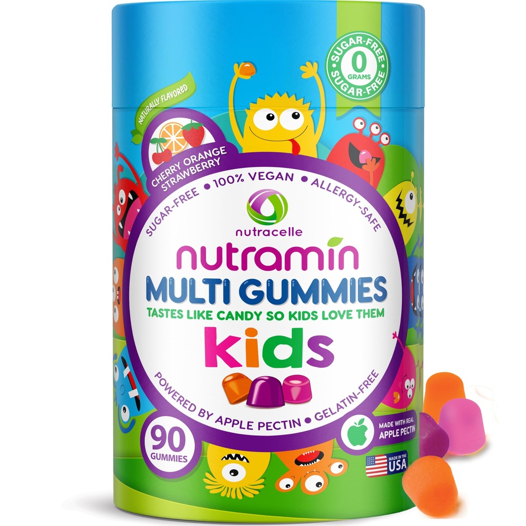 Nutracelle NUTRAMIN Sugar- Free, Alergen- Free 100% Vegan Gummy Multivitamíny pro děti - Velký Ochutnávání přírodní žvejky Vaše děti budou milovat - 90 hrabě láhev