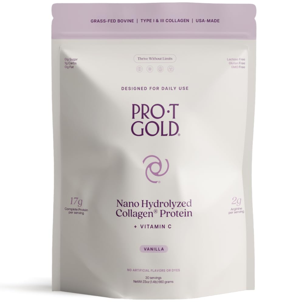 ProT Gold Kolagen Protein Powder, 17g Protein Nano- Hydrolyzované traviny Fed kolagen, vitamín C, 2g arginin pro podporu zranění, gluten zdarma, všechny přírodní, tuk a cukr zdarma, 0g sacharidy, Vanilla, 23 oz, 30