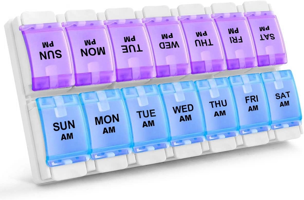 Sukuos AM PM Týdenní 7 den Pořadatel pilulek, 2 krát denně Balíček s přátelským stisknutím tlačítka artritidy, Léky na vitamín / rybí olej / doplňky, Snadno čisté (Purple & Blue)
