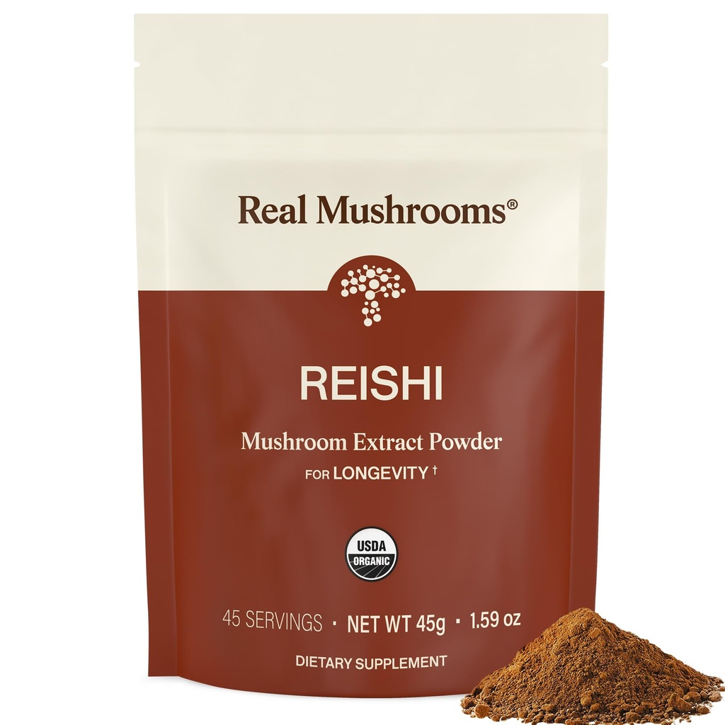 Real Houby Reishi Houba Powder - Ručně sebrané organické houby Extrakty - Red Reishi pro klidné denní wellness s ověřenou Beta Glucans Vegan, Non- GMO, No Grain Fillers, 45 Servings