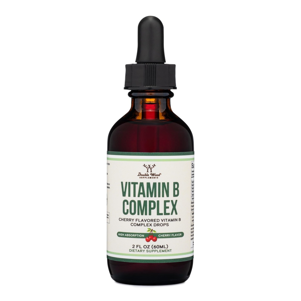 Dvojité dřevěné doplňky Liquid Vitamin B Complex - 2 měsíční dodávka - Max Absorpce - B3, B6, B7 (Biotin), B9 a Vitamin B12 - Cherry Flavor - 2 FL OZ