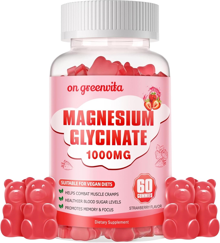 Glycinát hořečnatý Gummies 1000mg - Bezcukerný hořčík doplněk draselný s vitaminem D, B6, CoQ10 pro klidnou náladu a spánkovou podporu - 60 Jahodové gumy