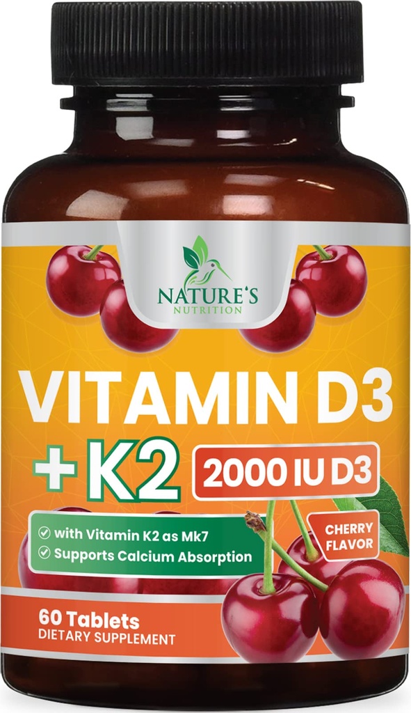 Vitamin D 2000 IU 50mcg per Tablet - Vitamíny D3 & K2 (MK7) Komplexní dodatek pro kosti, zuby, svalovina, absorpce vápníku, podporuje imunitní a srdeční zdraví, Žvýkací Formule USA Lahve - 60 Tablety