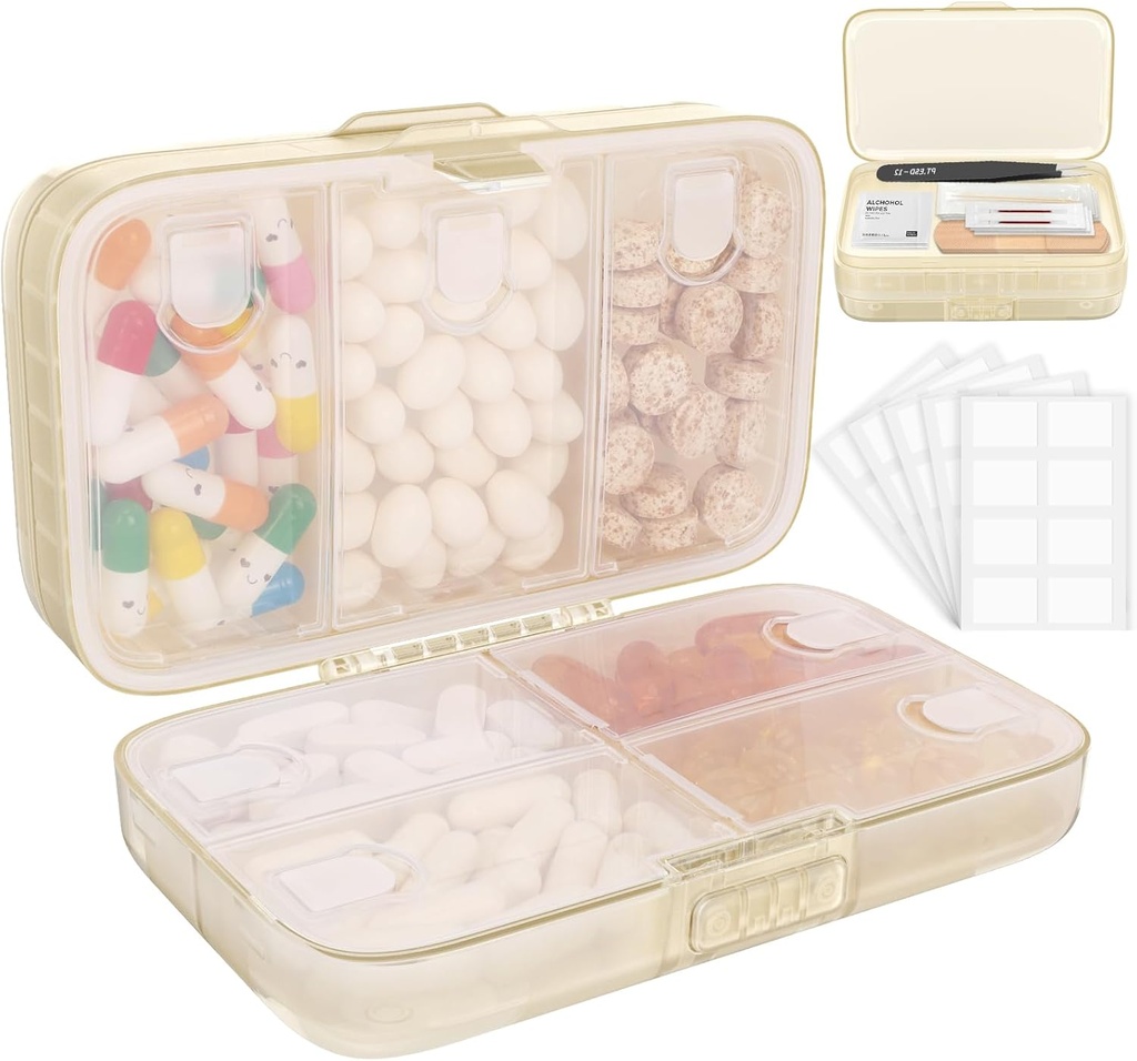 Týdenní porce organizátor s etiketami, 8 Compartments Travel Daily Pill Pouzdro vzduchotěsné Moistureproof Velké Pill Box držet vitaminy, rybí olej, doplňky, bavlněné swab a bandages- Beige