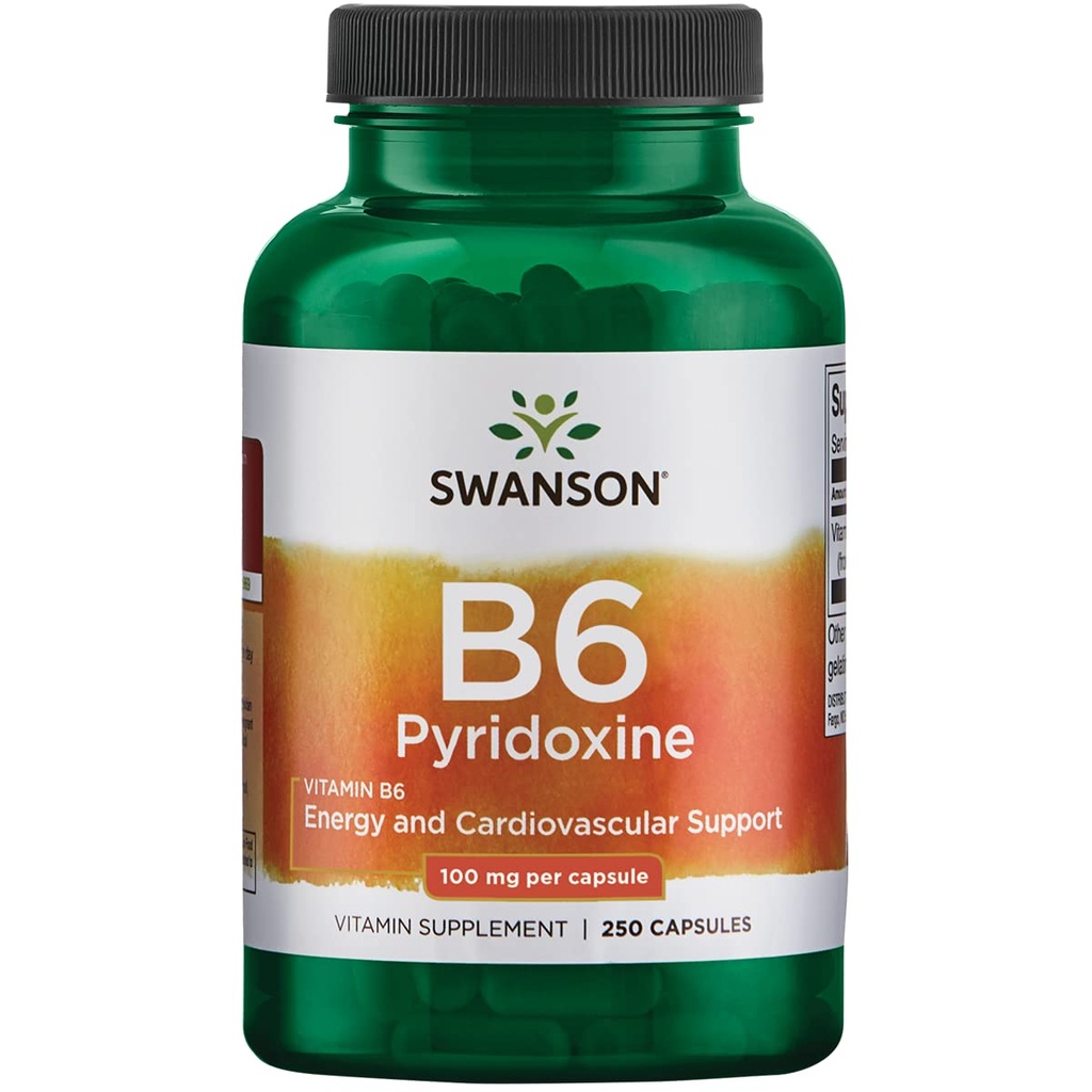 Swanson B6 Pyridoxin - dodatek k vitamínu na podporu kardiovaskulárního zdraví a energetického metabolismu - Natural Formule na podporu celkového wellness - (250 Kapsle, 100mg každý)