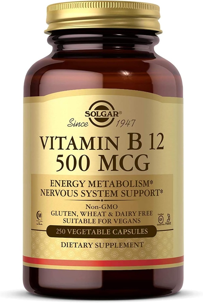 Solgar Vitamin B12 500 mcg, 250 Zeleninové kapsle - Energetický metabolismus - Podpora nervového systému - Promotes Heart Health - Non- GMO, Vegan, Gluten Free, Dairy Free, Kosher, Halal - 250 Služeb