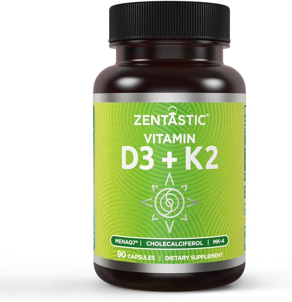 Zentastický vitamin D3 K2, 5000IU & 200mcg, vitamín D & patentovaný MK7 & MK4 pro 3- in-1 komplexní podporu - Vegetariánská, Non- GMO, 90 Caps