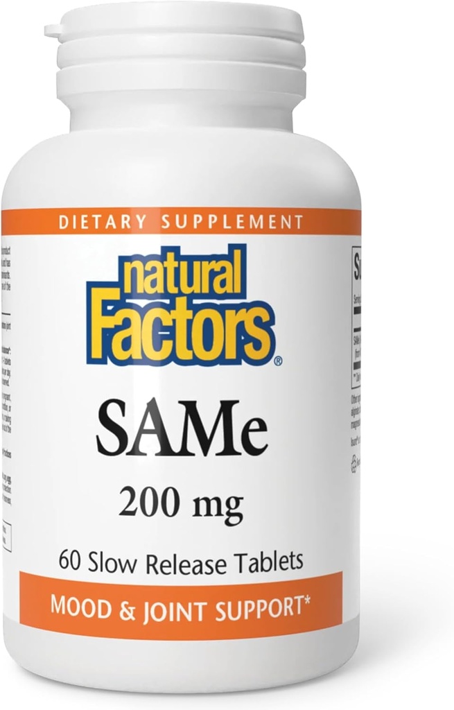 Přírodní faktory, SAMe 200 mg, pomáhá zvýšit náladu a zlepšit společné zdraví, 60 tablet (60 porcí)