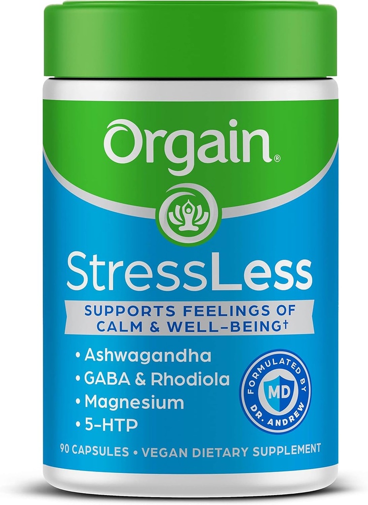 Orgain Stressless, Vegan Stress Relief Dodatek - Směs hořčíku, Lemon Balm, GABA, 5 HTP, Rhodiola Rosea, Ashwagandha a heřmánek, Gluten zdarma, Doktor podmíněný - 90 Počet, 30 denní dodávky