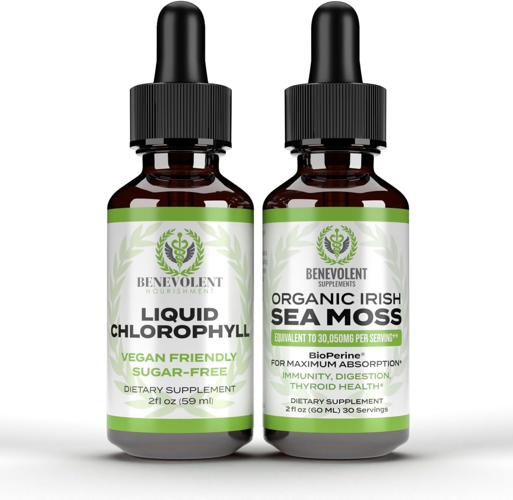 Benevolentní chlorofyl kapalné kapky + Irské moře Moss kapky 2oz, 4 Měsíce Dodávka tekuté chlorofyl dodatek pro vnitřní deodorant a zářivé kůže