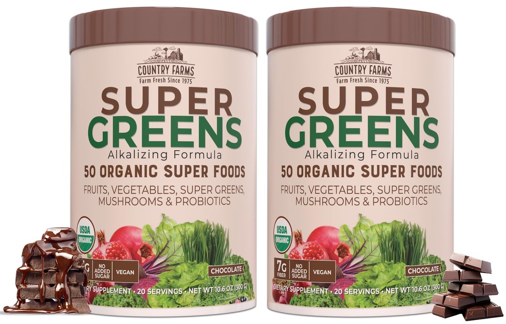 ZEMĚ ZEMĚ ZEMĚ Super Zelené Čokoládové aroma, 50 Organic Super Foods, USDA Organic Drink Mix, Ovoce, Zelenina, Super Zelené, Houby & Probiotika, Podporuje energii, 40 Služeb, 10.6 Oz, 2 Pack