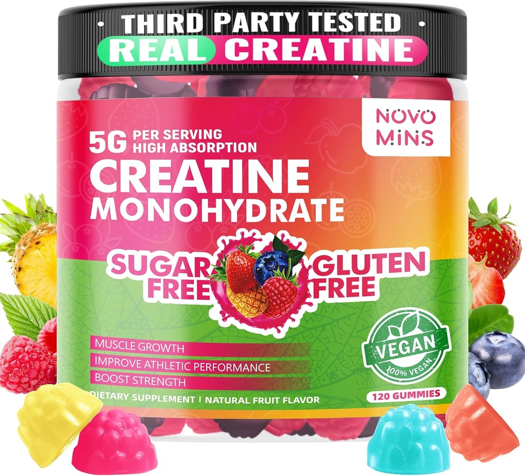 Novomins Creatine Monohydrát Gummies 5000mg pro muže a ženy, Chewables Creatine Monohydrát pro svalovou sílu, Muscle Builder, Energy Boost, Pre- Workout Dodatek (120 Počet)
